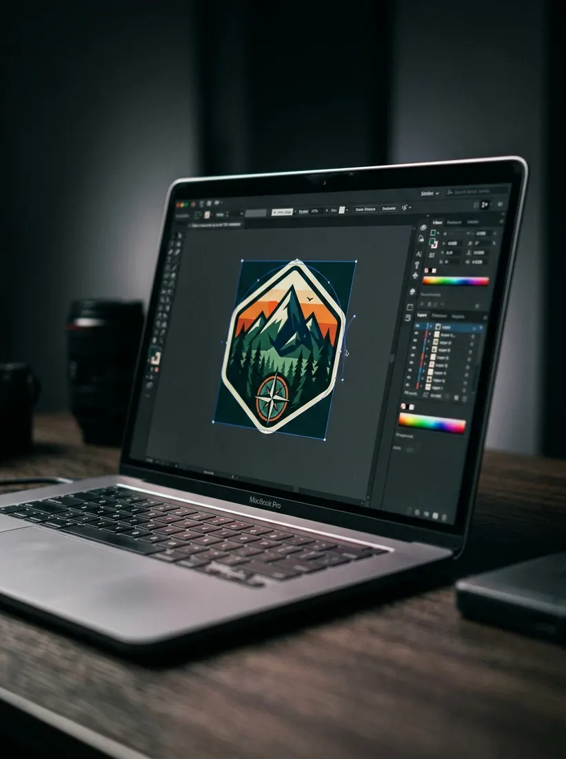 Designer preparing sticker artwork on laptop screen