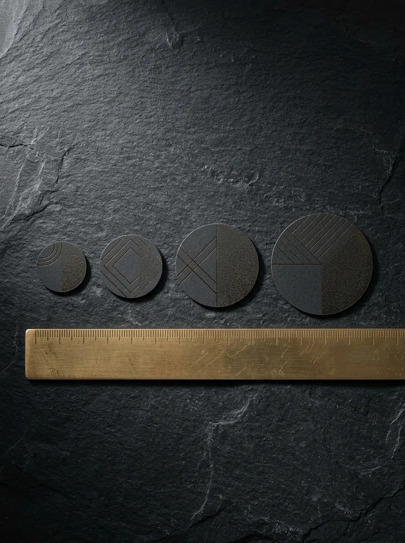 Four sticker size samples measured against a ruler