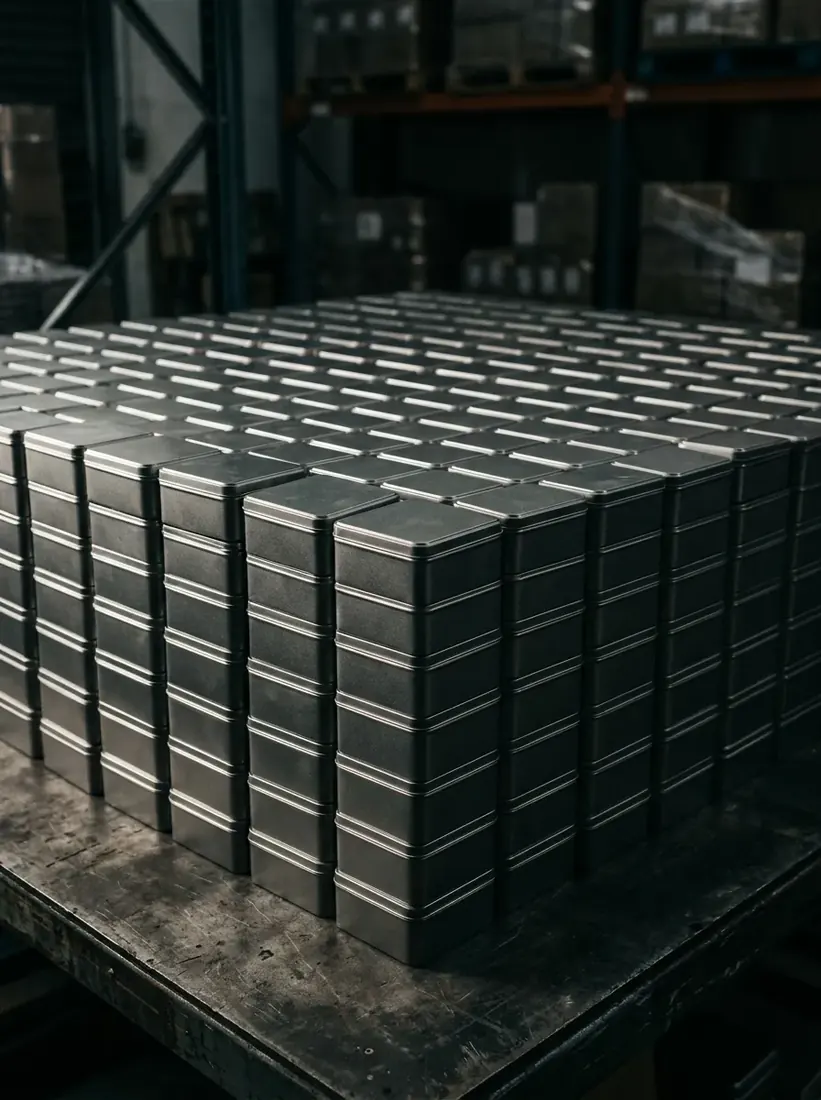 Stacked tin boxes ready for bulk wholesale order