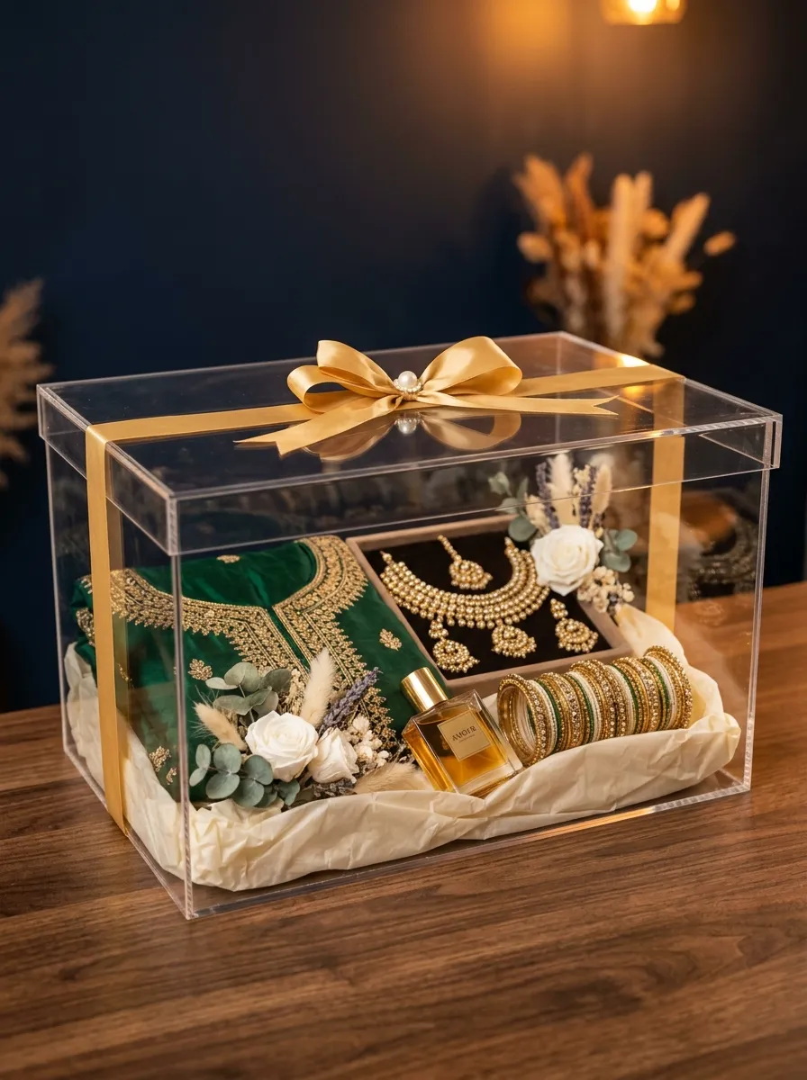 Acrylic gift box with bridal outfit, jewelry, and perfume