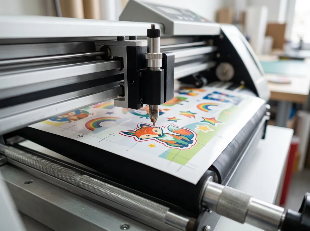 Die-cutting machine cutting stickers along outline