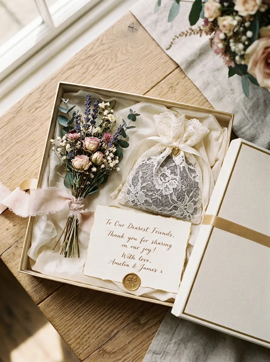 Open wedding gift box with dried flowers and lace pouch